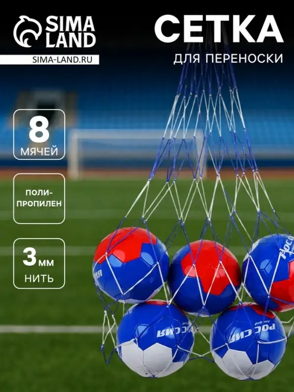 Сетка для переноски мячей, на 8 мячей, нить 3 мм, 1.1 м, бело-синяя