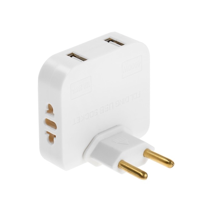 Тройник плоский, поворотный, 2 розетки, 10А, 2 USB, без з/к, белый Тройник плоский, поворотный, 2 розетки, 10А, 2 USB, без з/к, белый