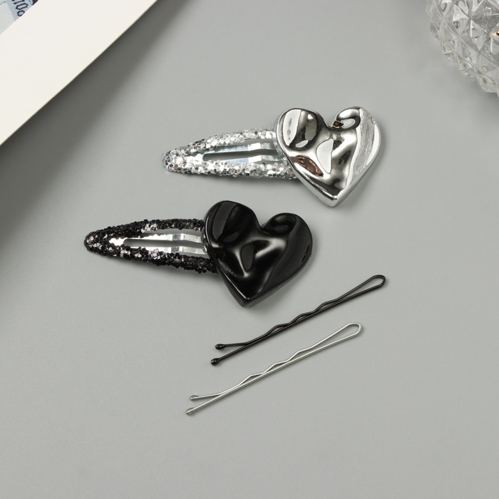 Невидимка для волос  Невидимка для волос "Беатрис" (набор 10 шт) сердце, 5 и 5,5 см, серебро чёрный