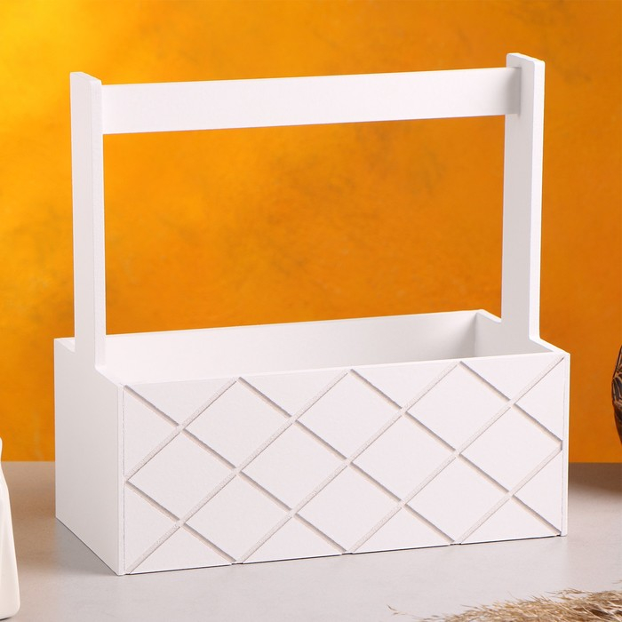 Кашпо деревянное  Кашпо деревянное "Эллада большая, сетка", с ручкой, белый, 25×12,5×10(25) см