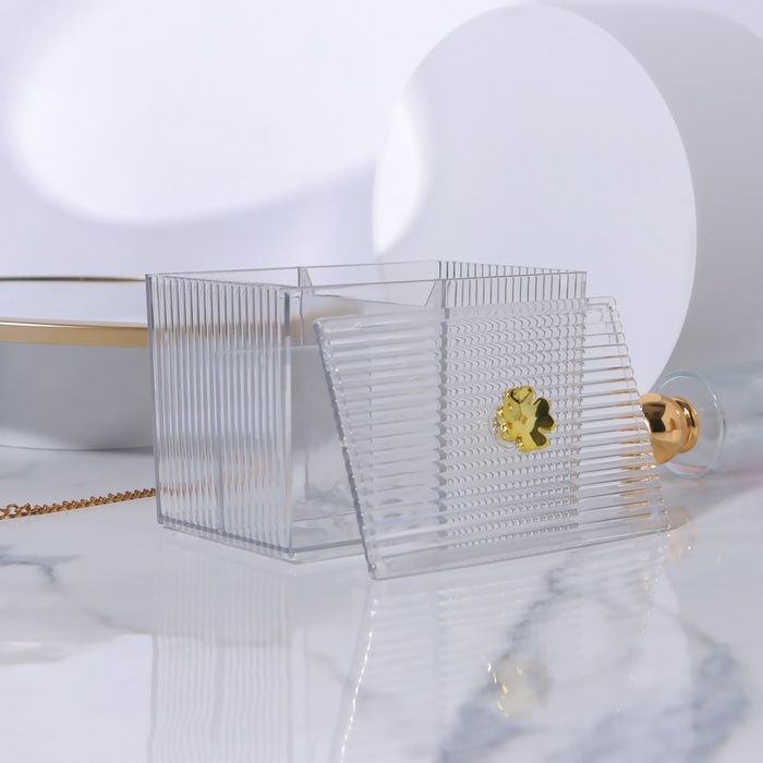 Органайзер для ватных палочек и дисков &laquo;FLOWER&raquo;, с крышкой, 3 секции, 14 &times; 9 &times; 10,5 см, цвет прозрачный/золотистый