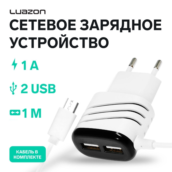 Сетевое зарядное устройство Luazon LCC-24, 2 USB, microUSB, 1 A, 1 м, черно-белое Сетевое зарядное устройство Luazon LCC-24, 2 USB, microUSB, 1 A, 1 м, черно-белое