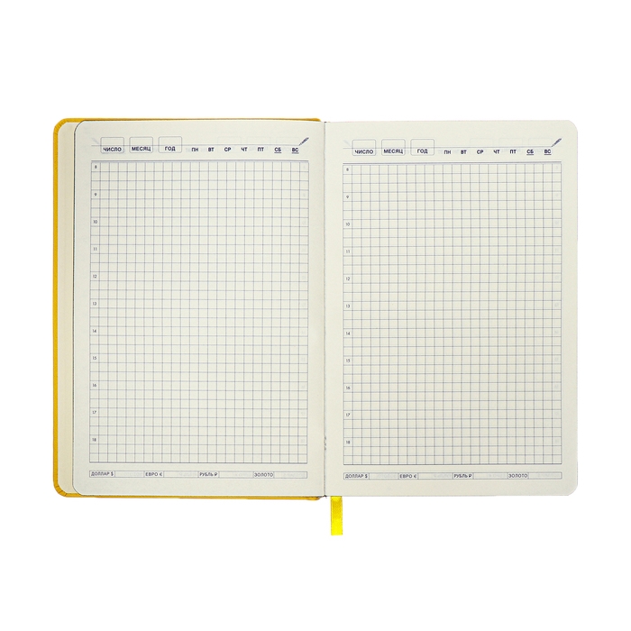Ежедневник недатированный A5, 140л, клетка, кожзам, на резинке, черный срез, Желтый Ежедневник недатированный A5, 140л, клетка, кожзам, на резинке, черный срез, Желтый