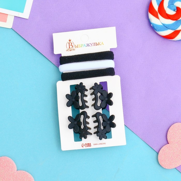 Набор для волос Набор для волос "Галея" (3 резинки 5 см, 4 краба 2,5 см) ромашки дуга, чёрно-белый