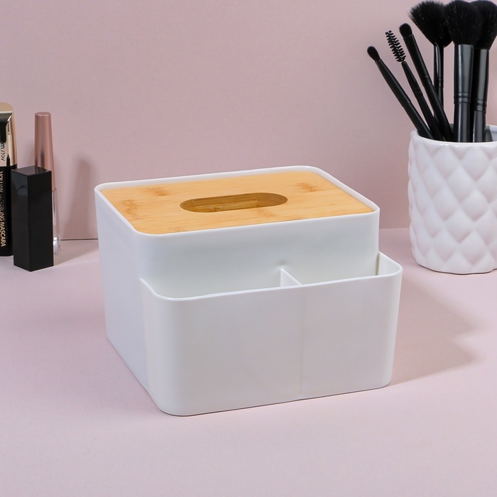 Органайзер для хранения «BAMBOO», с крышкой, 3 секции, 16 × 15 × 10 см, цвет белый/коричневый