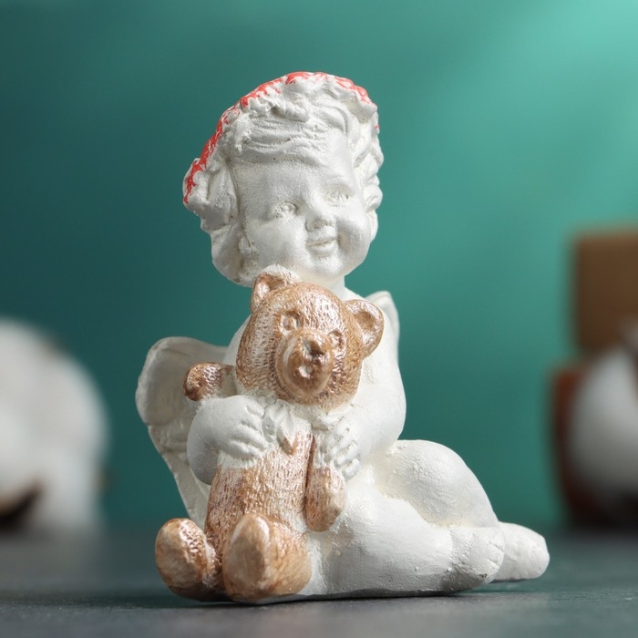 Фигура "Ангелочек с мишкой сидит" перламутр, 7х7х5см