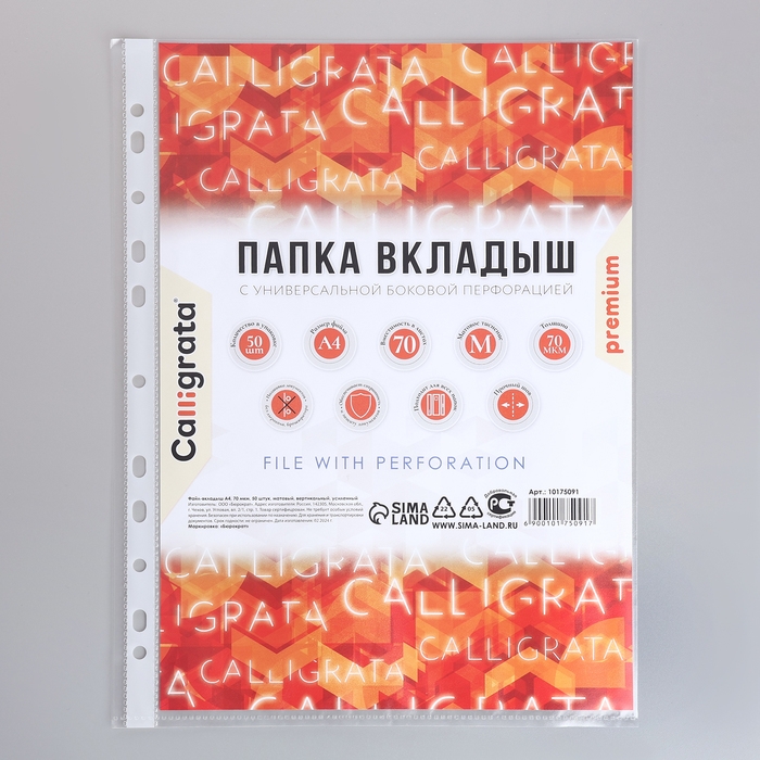 Файл-вкладыш А4, 70 мкм, Calligrata, плотный, матовый, вертикальный, 50 штук Файл-вкладыш А4, 70 мкм, Calligrata, плотный, матовый, вертикальный, 50 штук