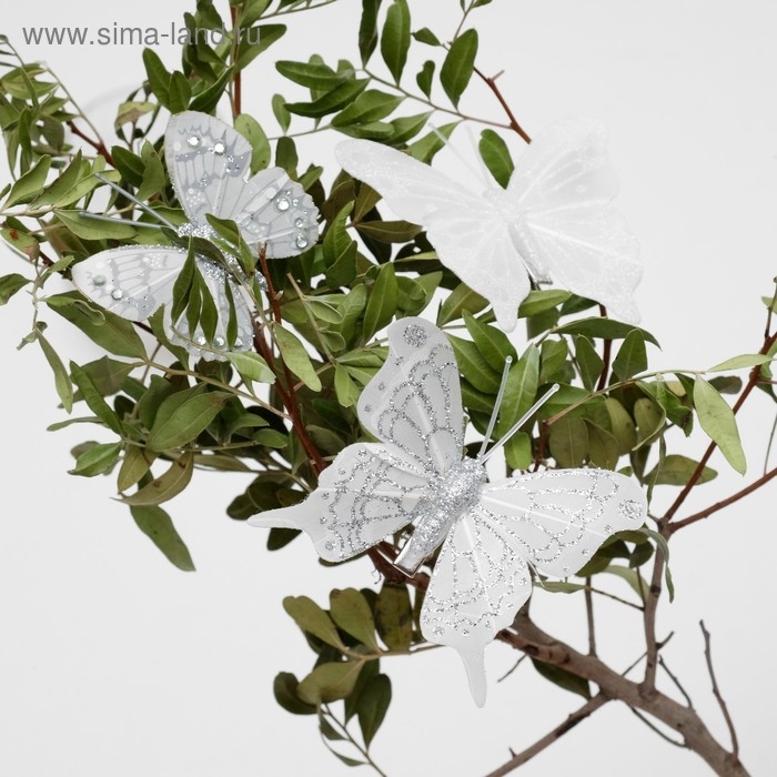 Бабочка для декора и флористики, на прищепке, пластиковая, белый, микс, 1 шт., 4 см и 8 см Бабочка для декора и флористики, на прищепке, пластиковая, белый, микс, 1 шт., 4 см и 8 см