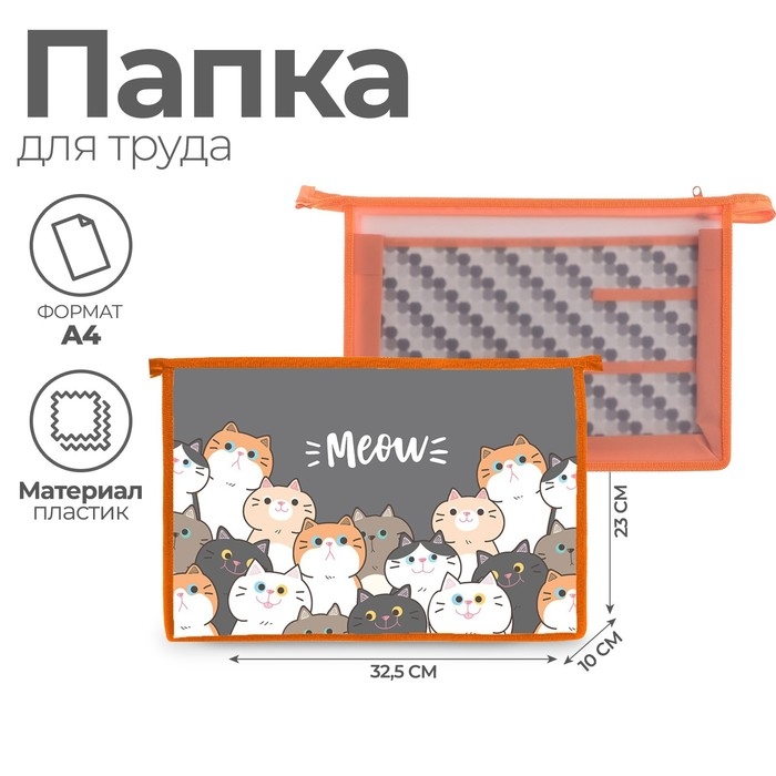 Папка для труда А4, 325 х 230 х 100 мм, молния сверху, пластиковая, ПТР-22  Папка для труда А4, 325 х 230 х 100 мм, молния сверху, пластиковая, ПТР-22 "Коты"