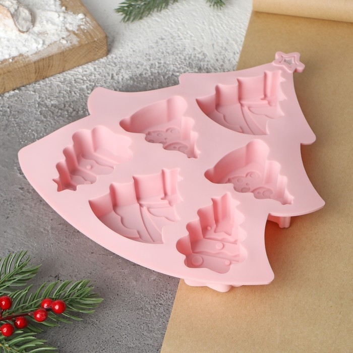 Форма для выпечки новогодняя Доляна «Ёлочки», силикон, 22×20,6×2,5 см, 6 ячеек, цвет розовый Форма для выпечки новогодняя Доляна «Ёлочки», силикон, 22×20,6×2,5 см, 6 ячеек, цвет розовый