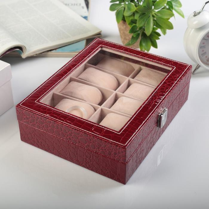 Шкатулка под часы 10 отделений  Шкатулка под часы 10 отделений "Рептилия" красная лак 25,7х11х7,5 см