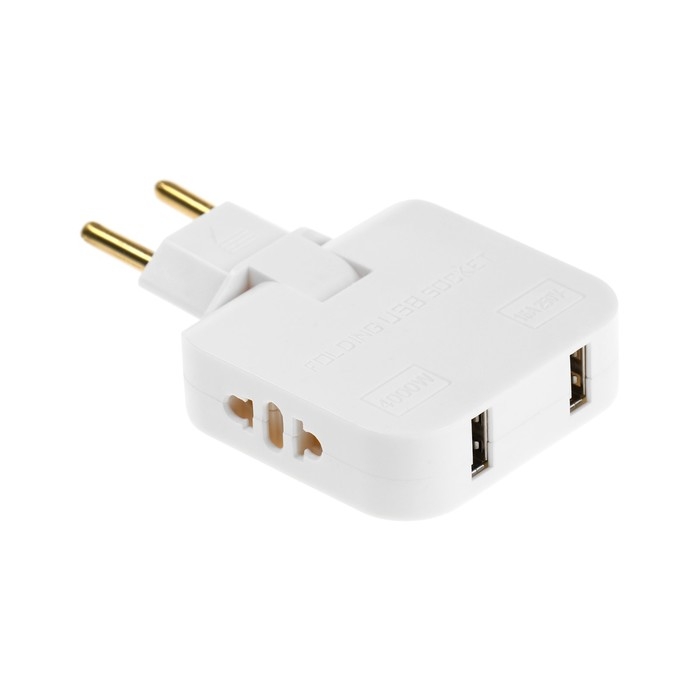 Тройник плоский, поворотный, 2 розетки, 10А, 2 USB, без з/к, белый Тройник плоский, поворотный, 2 розетки, 10А, 2 USB, без з/к, белый