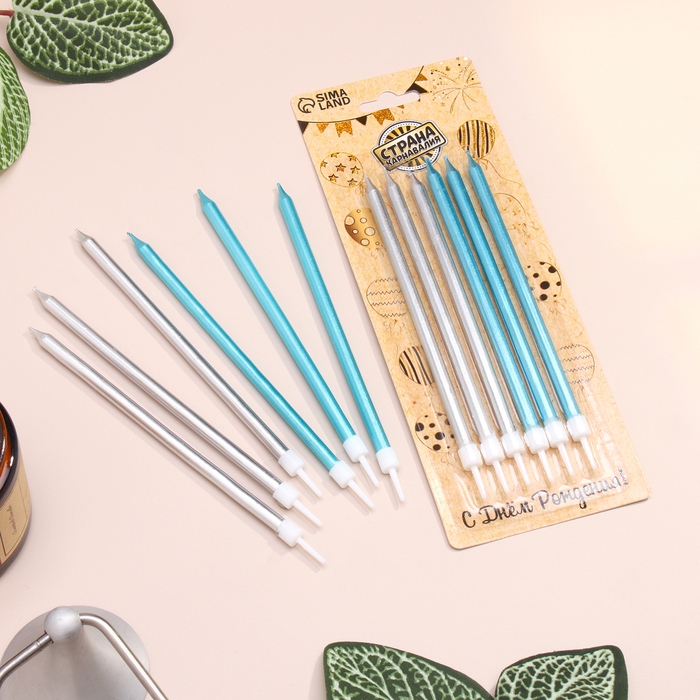 Свечи в торт  Свечи в торт "Ройс", 6 шт, высокие, 13 см, серебряные и голубые