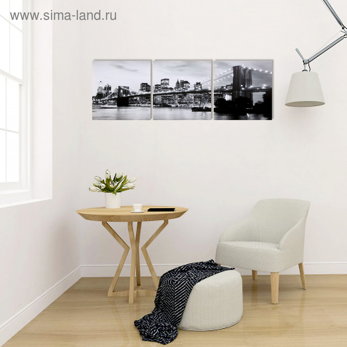 Модульная картина  Модульная картина "Вечерний мост" ч/б (3-35х35) 35х105 см