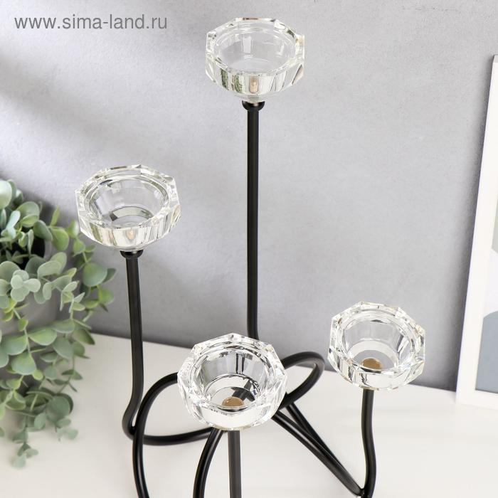 Подсвечник металл, стекло на 4 свечи Подсвечник металл, стекло на 4 свечи "Плавность" чёрный с золотом 36,5х16х15,5 см