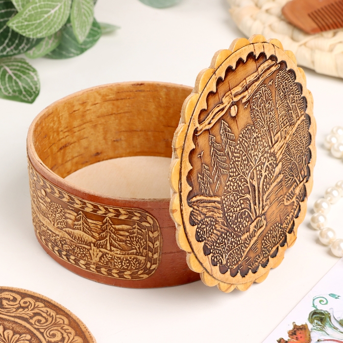 Шкатулка  Шкатулка "Пейзаж с церковью", большая, 100 х 40 мм, береста