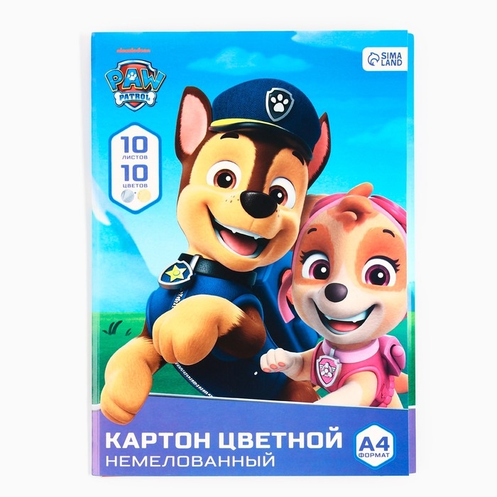 Картон цветной, А4, 10 листов, 10 цветов, немелованный, односторонний, в папке, 200 г/м², Щенячий патруль Картон цветной, А4, 10 листов, 10 цветов, немелованный, односторонний, в папке, 200 г/м², Щенячий патруль