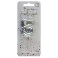 Свеча в торт на шпажке "Воздушая цифра", цифра "5", серебро