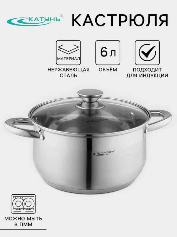 Кастрюля Катунь &laquo;Диана&raquo;, 6 л, d=24 см, с крышкой, капсульное дно, индукция, нержавеющая сталь, AISI - 201, хромированная