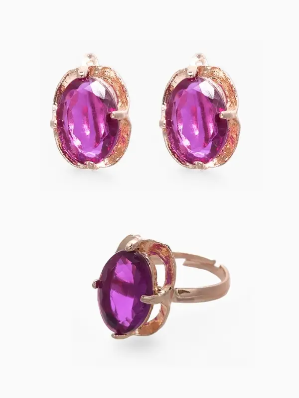 Гарнитур 3 предмета: серьги, кулон, кольцо безразмерное &laquo;Эдель&raquo;, классик, фиолы в золоте, 45 см