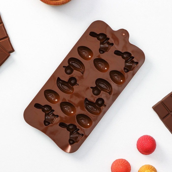 Форма для конфет и шоколада Доляна «Зайцы, утки и яйца», силикон, 22×10,2×1,4 см, 14 ячеек, цвет коричневый Форма для конфет и шоколада Доляна «Зайцы, утки и яйца», силикон, 22×10,2×1,4 см, 14 ячеек, цвет коричневый