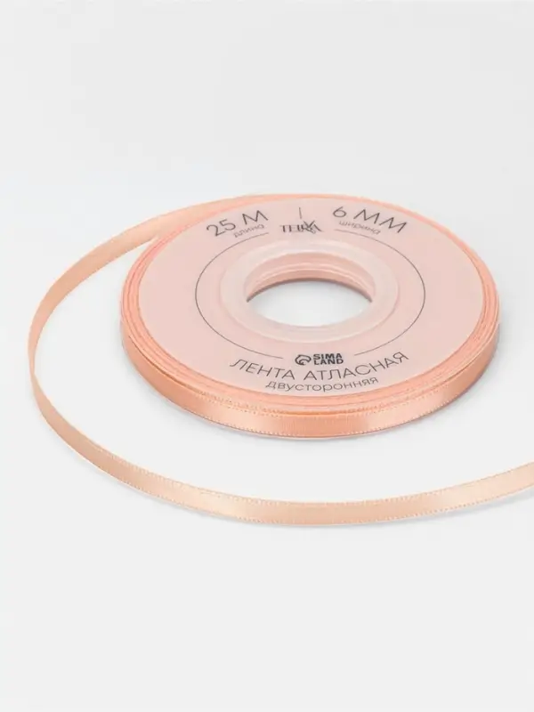 Лента атласная TEIRA, двухсторонняя, 6 мм, 25&plusmn;1 м, бежевая №0714