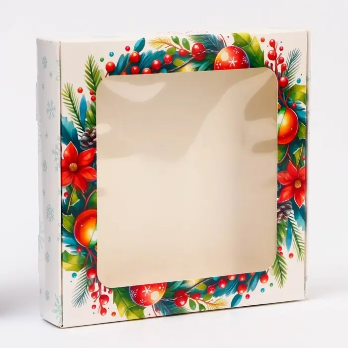 Подарочная коробка сборная с окном Подарочная коробка сборная с окном "С Новым годом!", 16 х 16 х 3 см