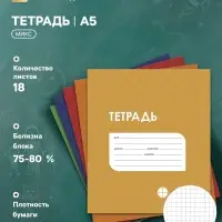 Тетрадь 18 листов в клетку Calligrata &laquo;Однотонная Классика в точку. Эконом&raquo;, обложка мелованный картон, ВД-лак, блок №2 (серые листы), МИКС