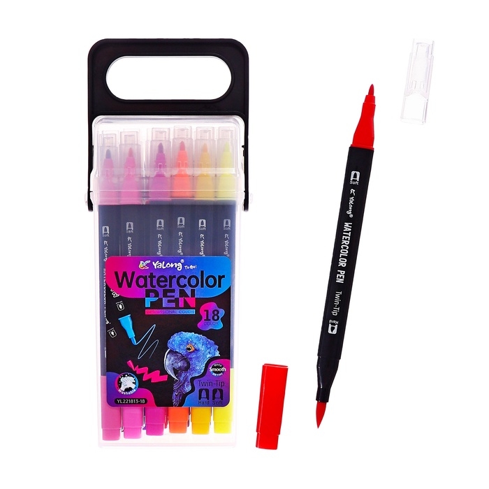 Набор маркеров 18 цветов, двусторонние, черный корпус  в пластиковом пенале Набор маркеров 18 цветов, двусторонние, черный корпус  в пластиковом пенале