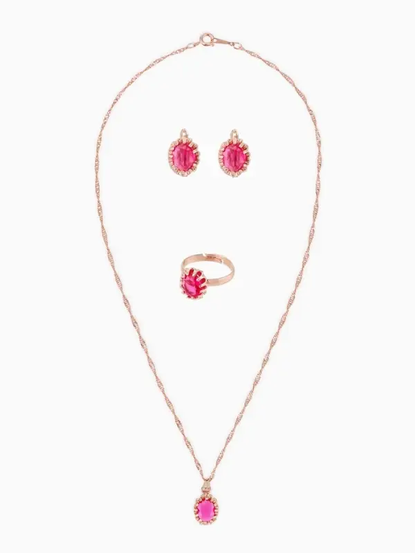 Гарнитур 3 предмета: серьги, кулон, кольцо безразмерное &laquo;Эдель&raquo;, овал, ярко-розовые в золоте, 45 см
