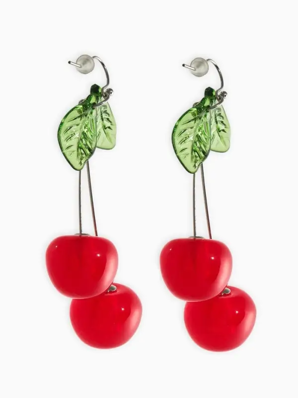Серьги &laquo;Вишни&raquo;, красный, зелёный в серебре