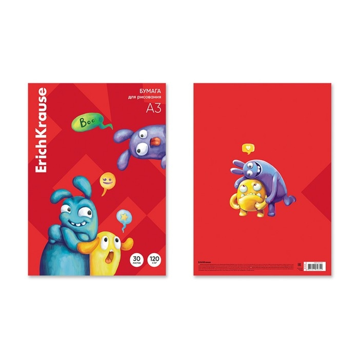 Бумага для рисования А3, 30 листов, ErichKrause Jolly Friends, блок 120 г/м², 100% белизна, картонная папка Бумага для рисования А3, 30 листов, ErichKrause Jolly Friends, блок 120 г/м², 100% белизна, картонная папка