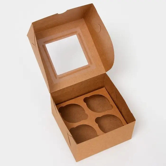 Коробка для 4 мини - капкейка крафт с окном, 13×13×8 см Коробка для 4 мини - капкейка крафт с окном, 13×13×8 см