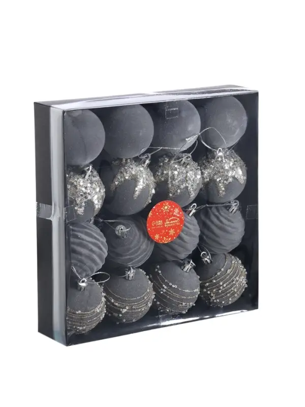 Набор шаров пластик d-6 см, 16 шт Набор шаров пластик d-6 см, 16 шт "Бархат. Маскарад" серый