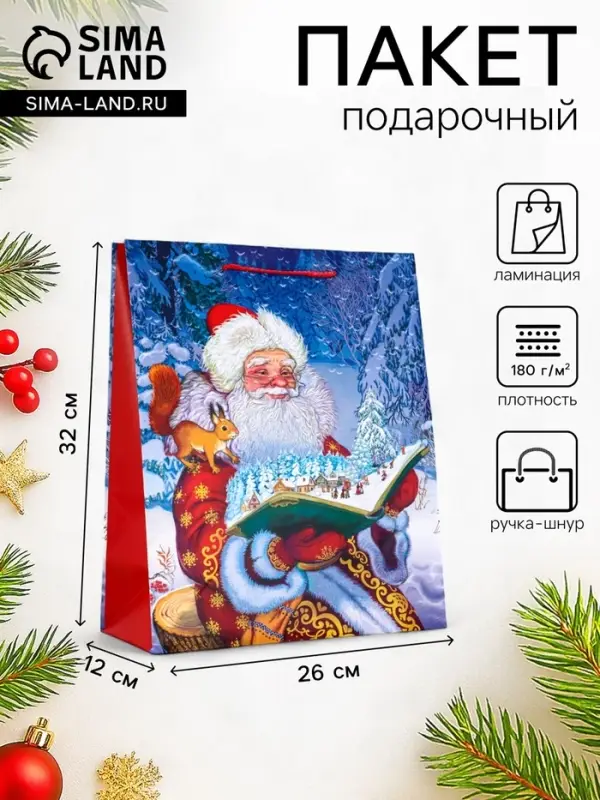 Пакет подарочный новогодний ламинированный, &laquo;Дед Мороз&raquo;, 26&times;12&times;32 см