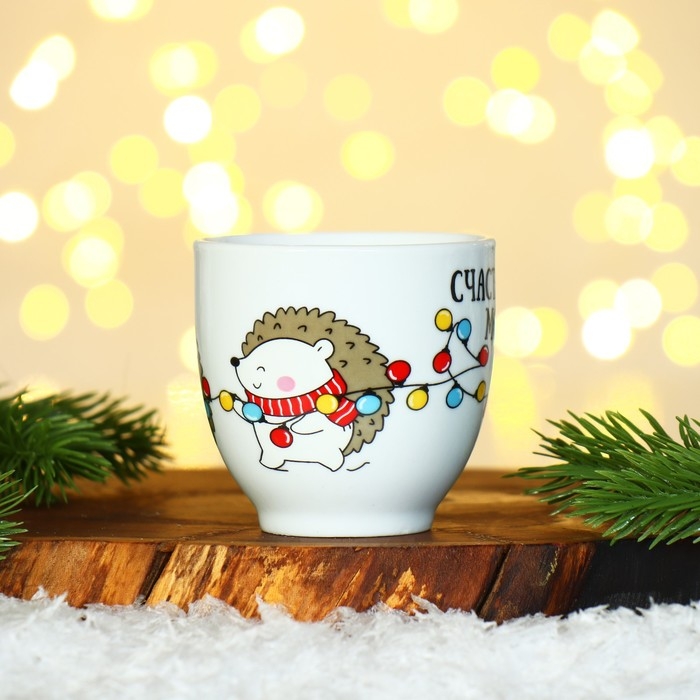 Новый год. Набор из керамики &laquo;Ёжик&raquo;, кружка 180 мл 2 шт, ложка 2 шт, цвет белый