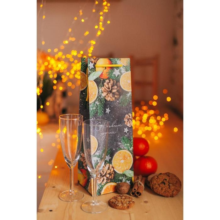 Пакет под бутылку крафтовый «Новогоднее настроение», 13 х 36 х 10 см