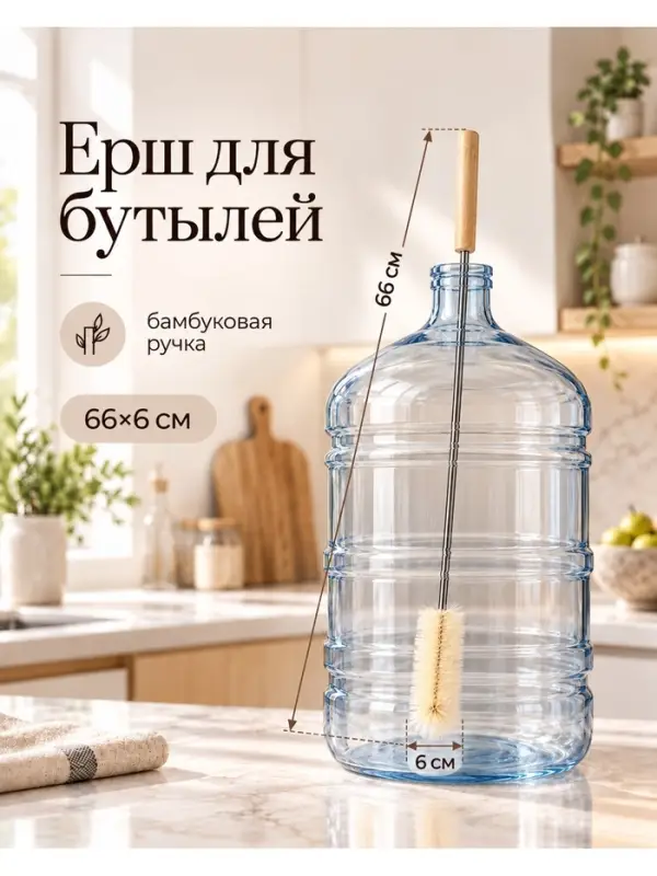 Ерш для бутылей, 66&times;6 см, бамбуковая ручка, ворс бежевый