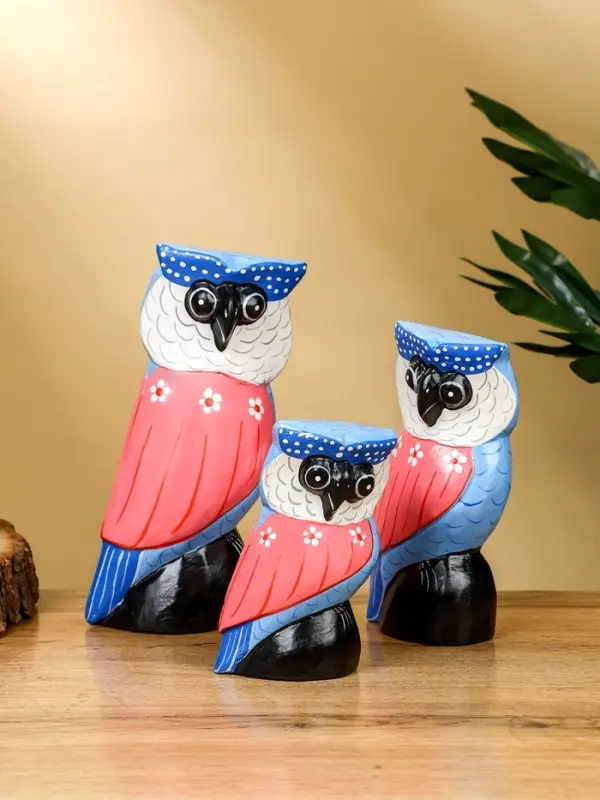 Набор сувенирный «Совы», h=18 см, h=14 см, h=11 см, дерево, розово-синий
