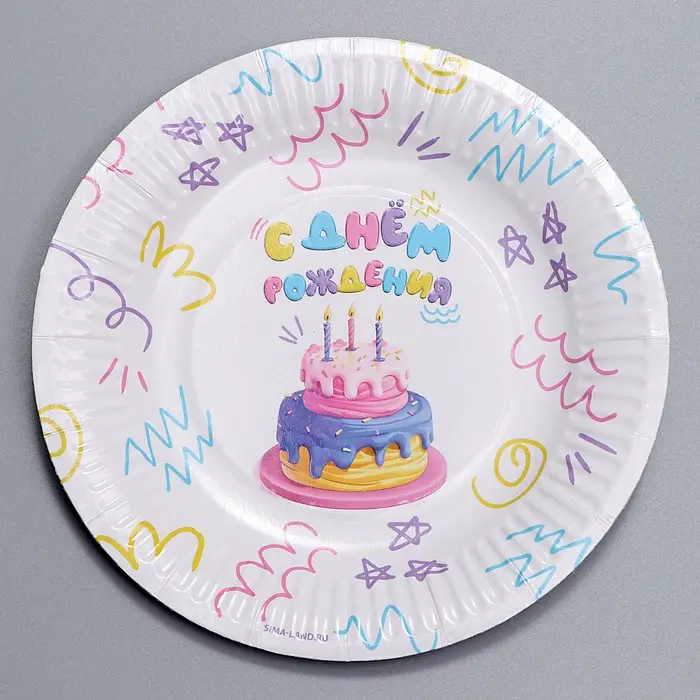 Тарелка одноразовая бумажная «С днём рождения» тортик, 18 см
