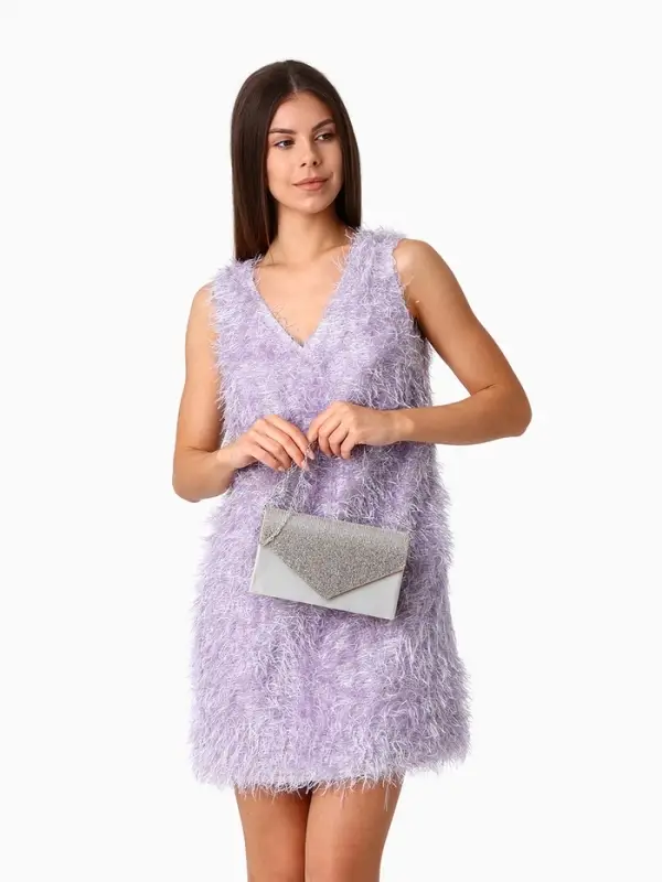 Сумка-клатч женская вечерняя на магните, на длинной цепочке, комбинированная, серая/серебристая