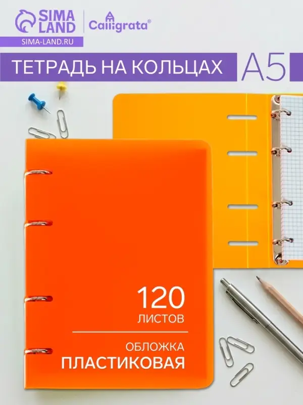 Тетрадь на кольцах Calligrata A5, 120 листов, в клетку, пластиковая обложка, блок офсет, оранжевая