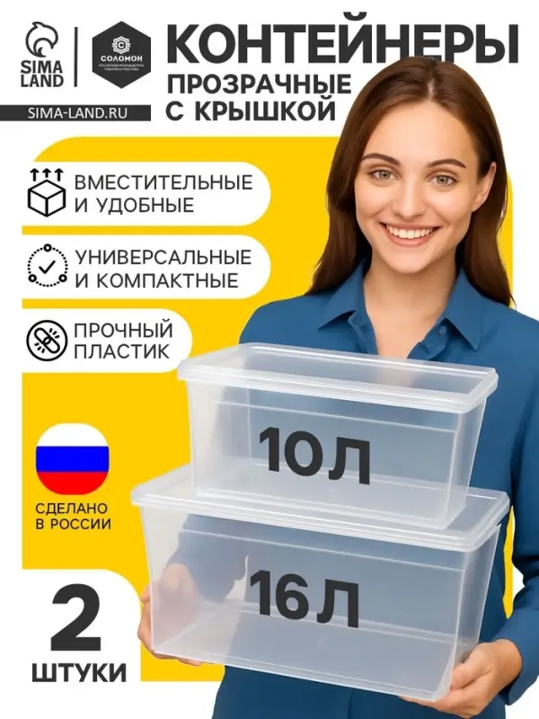 Ящики пластиковые для хранения, с крышкой, набор 2 шт.: 10 л, 16 л, прозрачно-матовый