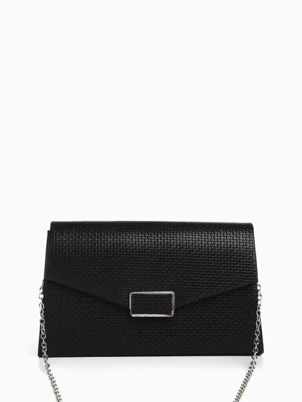 Сумка-клатч женская вечерняя на магните, на длинной серебристой цепочке, чёрная