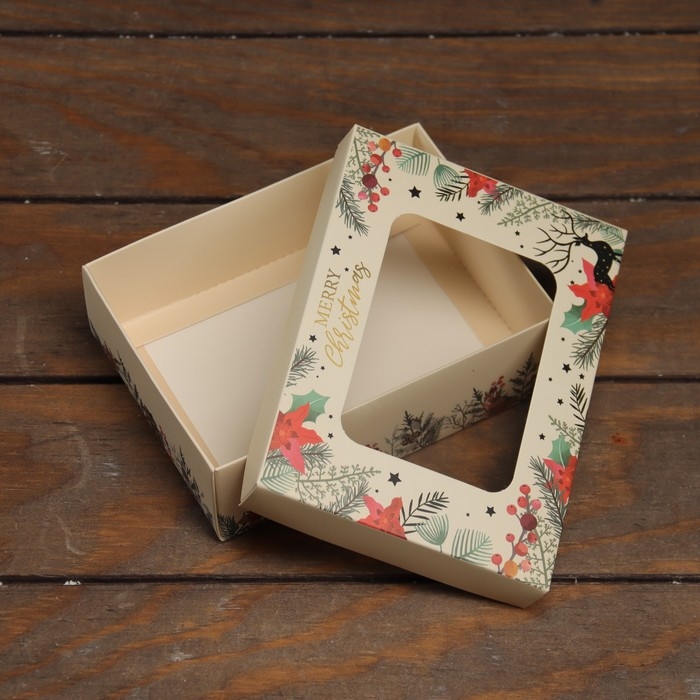 Новый год. Коробка складная, крышка-дно, с окном Новый год. Коробка складная, крышка-дно, с окном "MERRY CHRISTMAS" 16,5 х 12,5 х 5,2 см