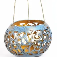 Подсвечник подвесной из кокоса, 14&times;14&times;10 см, голубой-золотой