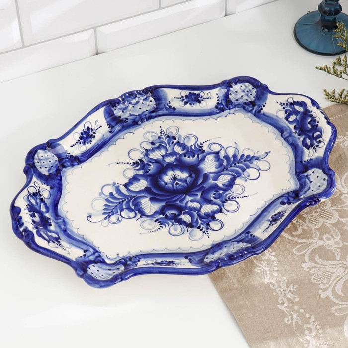 Поднос большой, гжель, фарфор, 36х26 см Поднос большой, гжель, фарфор, 36х26 см