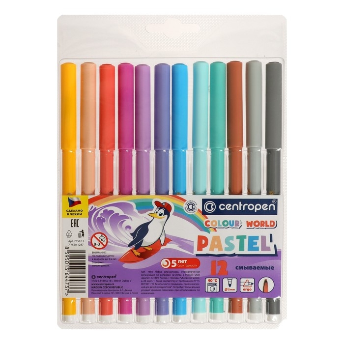 Фломастеры 12 цветов Centropen 7550 TP Colour World Pastel 2.0 мм, пастельные, блистер, европодвес Фломастеры 12 цветов Centropen 7550 TP Colour World Pastel 2.0 мм, пастельные, блистер, европодвес