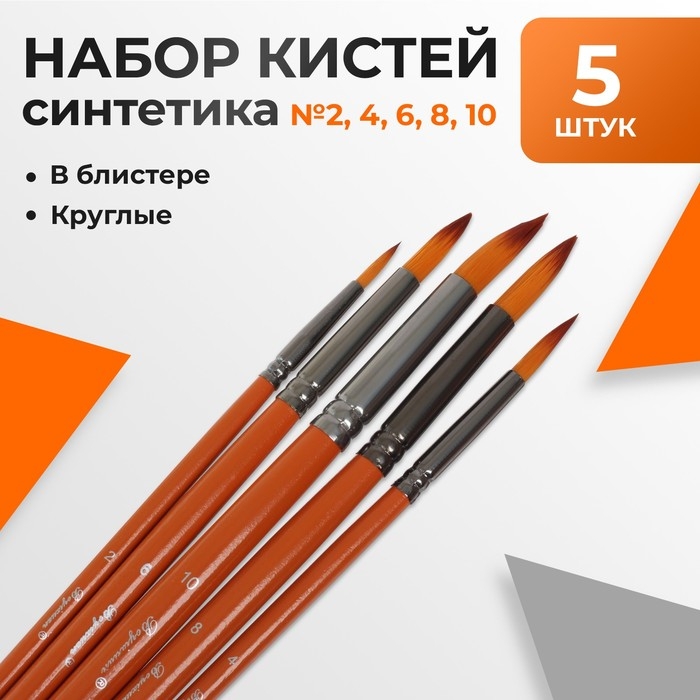 Набор кистей синтетика, 5 штук (№2,4,6,8,10), круглые, в блистере Набор кистей синтетика, 5 штук (№2,4,6,8,10), круглые, в блистере