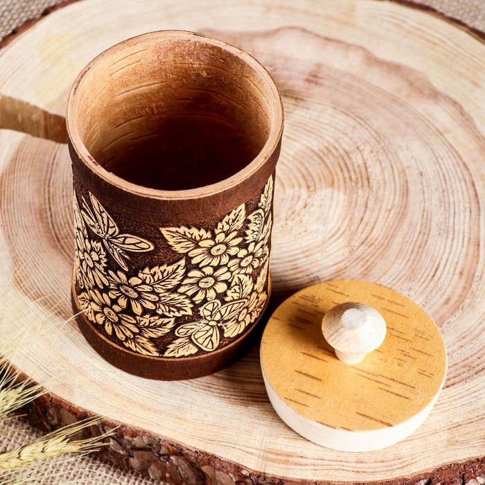 Туес Туес "Бабочки в цветах", круглый, 9х9х15 см, береста